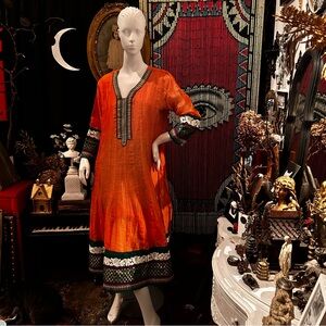 Stunning Vintage Orange Embroidered Cotton Indian Kurta Dress/Tunic sz XL